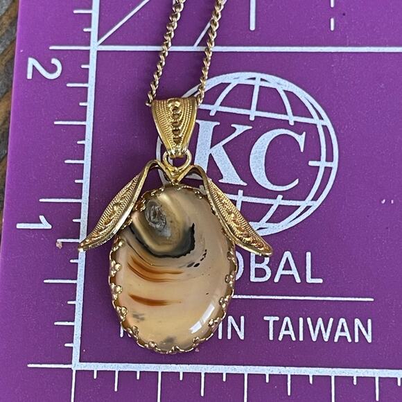 Vintage Montana Agate Pendant Necklace Gold Tone Filigree OOAK Unusual 24”L - Picture 5 of 8
